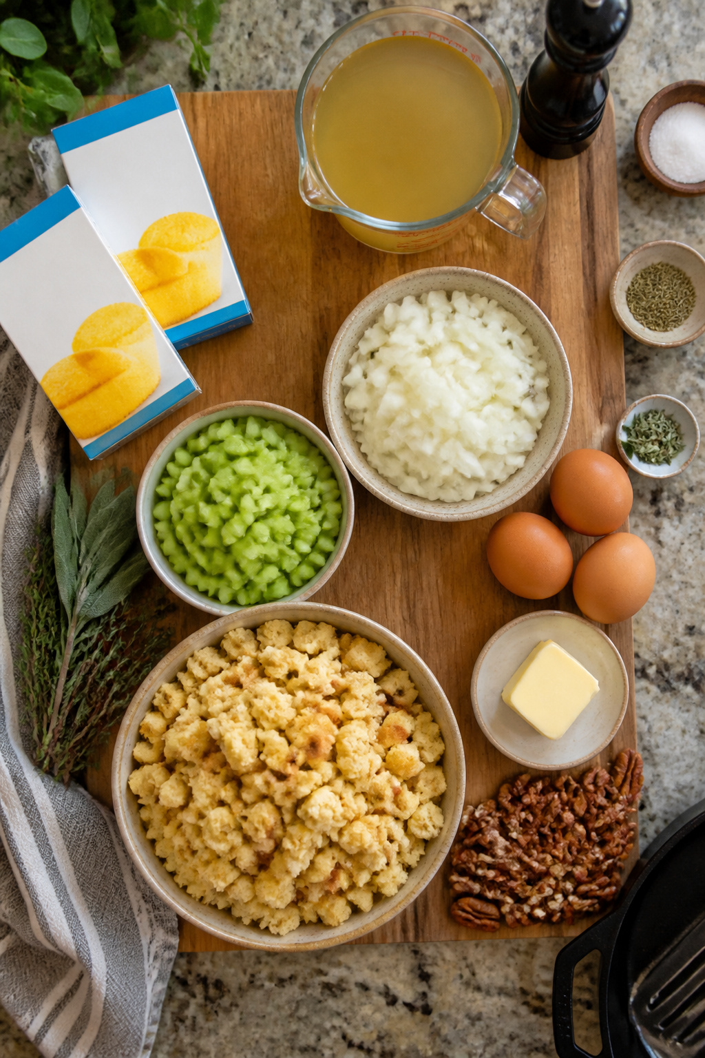 Cornbread Stuffing Recipe with Homemade or Quick-Bread Base 2 List of ingredients for cornbread stuffing on a wooden surface.