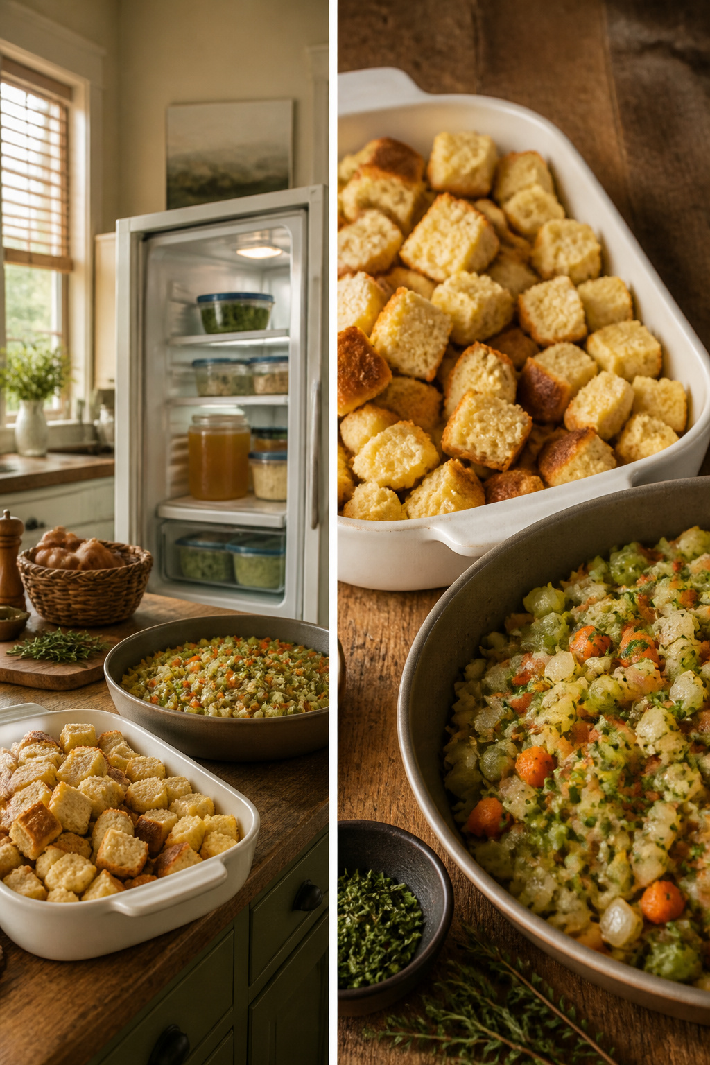 Cornbread Stuffing Recipe with Homemade or Quick-Bread Base 6 Containers holding dry cornbread cubes and sautéed vegetables.