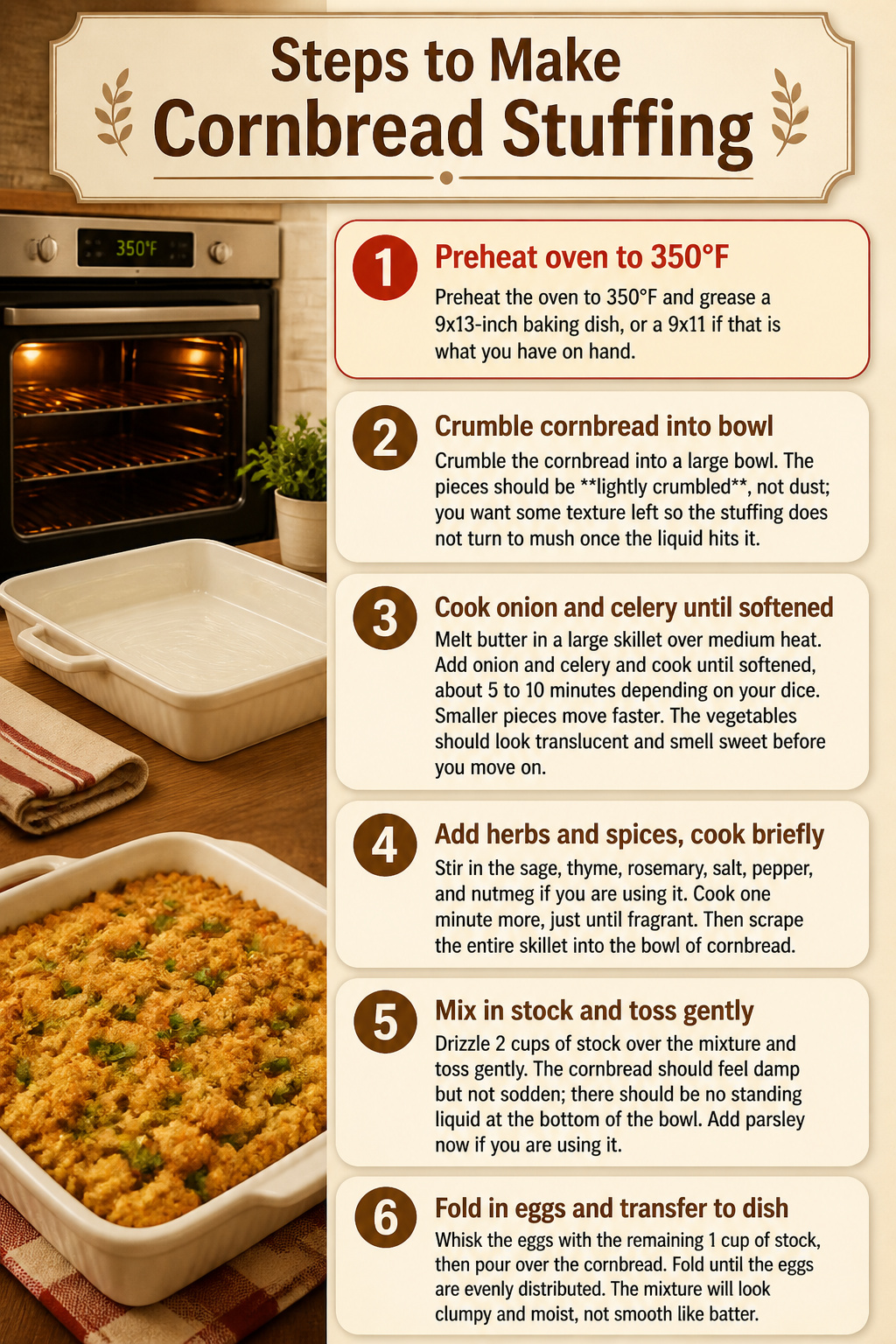 Cornbread Stuffing Recipe with Homemade or Quick-Bread Base 3 Instructions for making cornbread stuffing on a chalkboard.