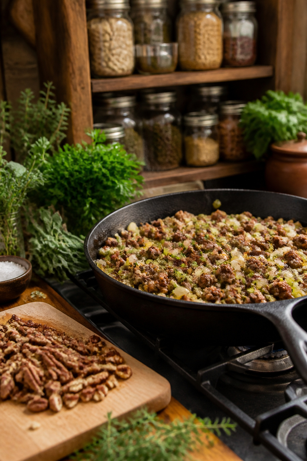 Cornbread Stuffing Recipe with Homemade or Quick-Bread Base 7 Skillet with browned sausage, onions, and celery beside chopped pecans.