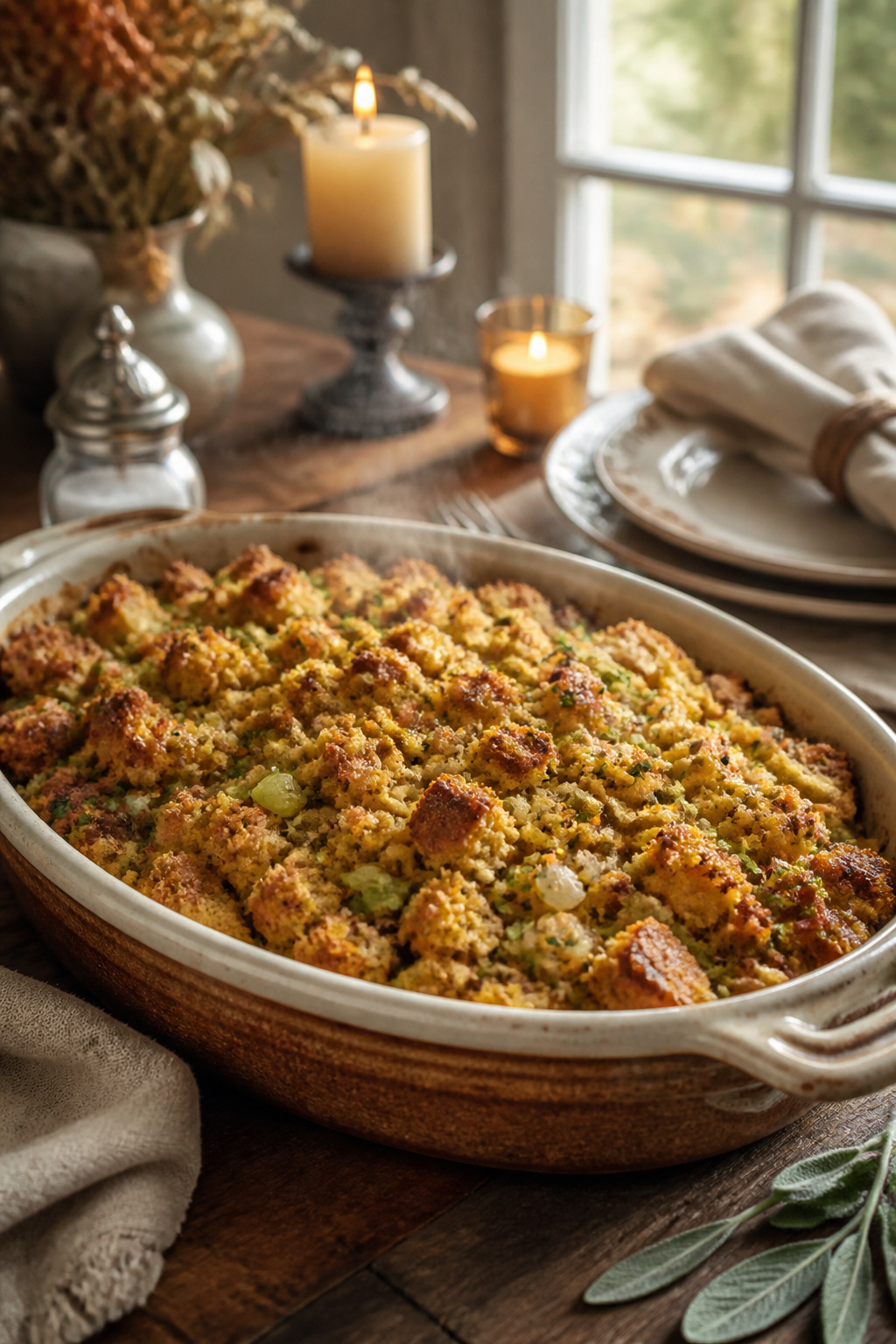 Cornbread Stuffing Recipe with Homemade or Quick-Bread Base 1 Photograph of cornbread stuffing in a baking dish.