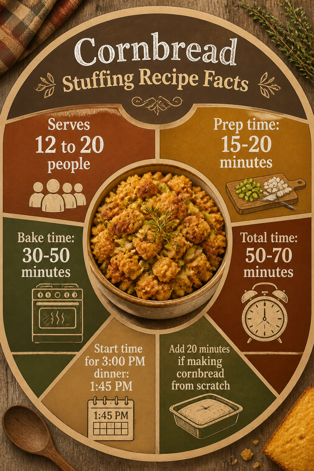Cornbread Stuffing Recipe with Homemade or Quick-Bread Base 4 Chart detailing the yield and timeline for cornbread stuffing.