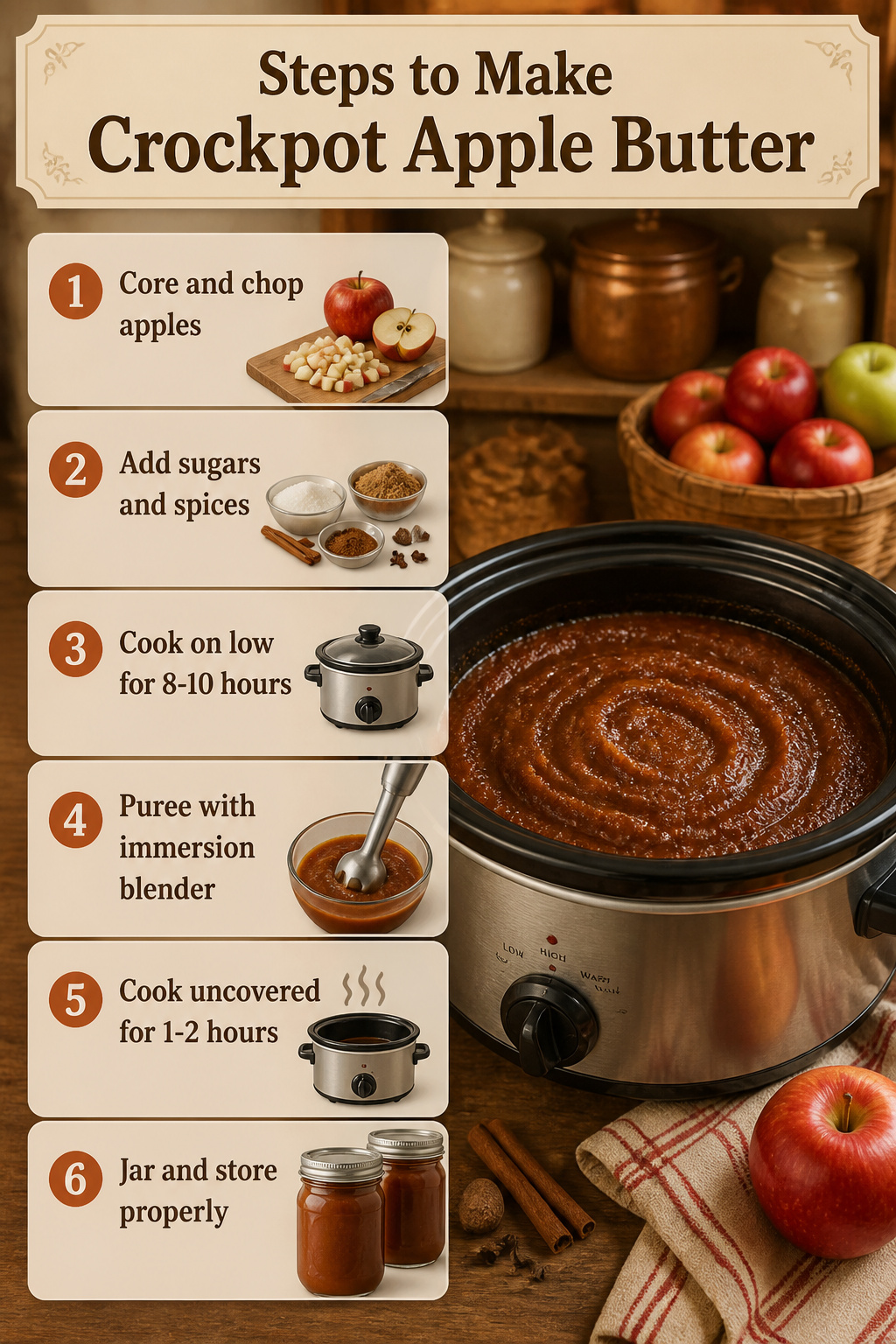 Crockpot Apple Butter: Slow-Cooker Method, Varieties, and Storage 3 An infographic showing the steps to make crockpot apple butter.