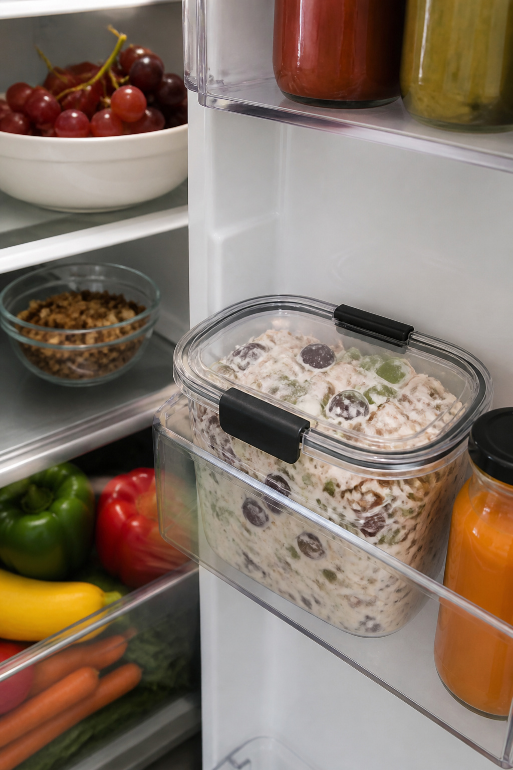 Grape Salad Recipe with Creamy Dressing and Pecans 5 A sealed container of grape salad placed in a refrigerator door.