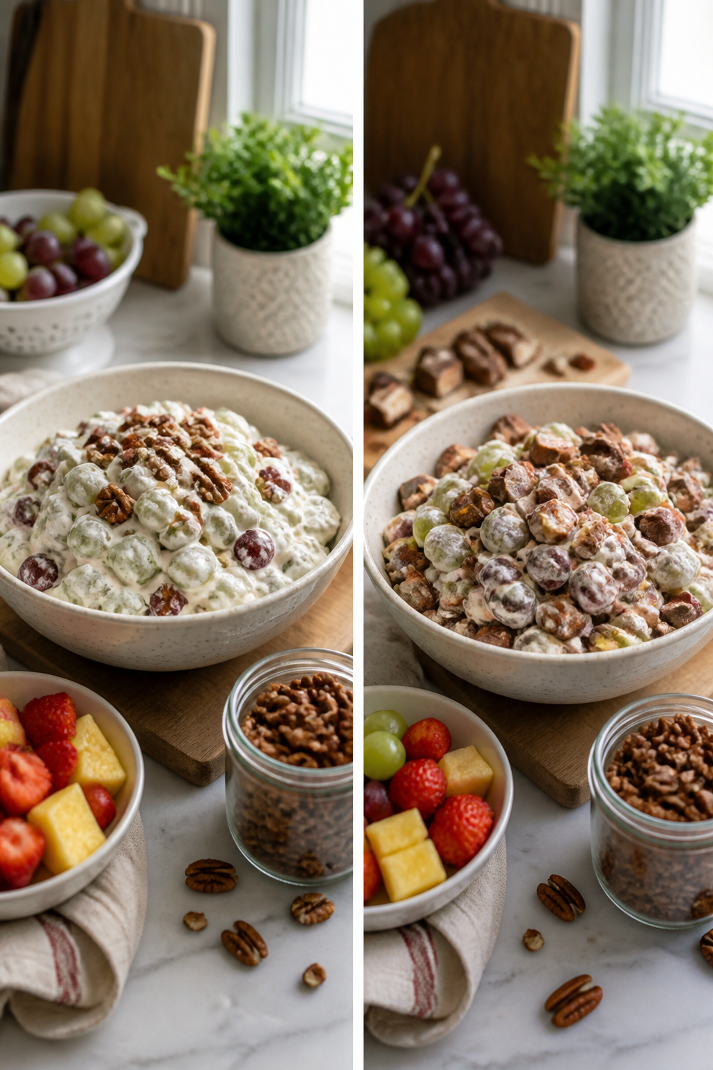 Grape Salad Recipe with Creamy Dressing and Pecans 4 A close-up of grape salad with Greek yogurt and candy bar variations.