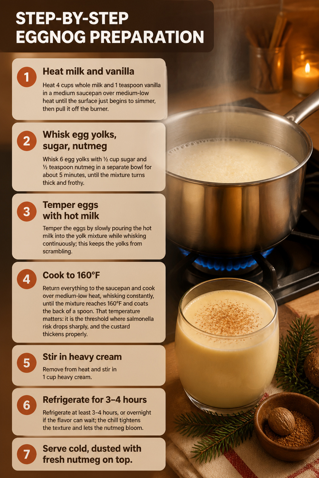 A saucepan with milk on a stove and a whisk on a towel.
