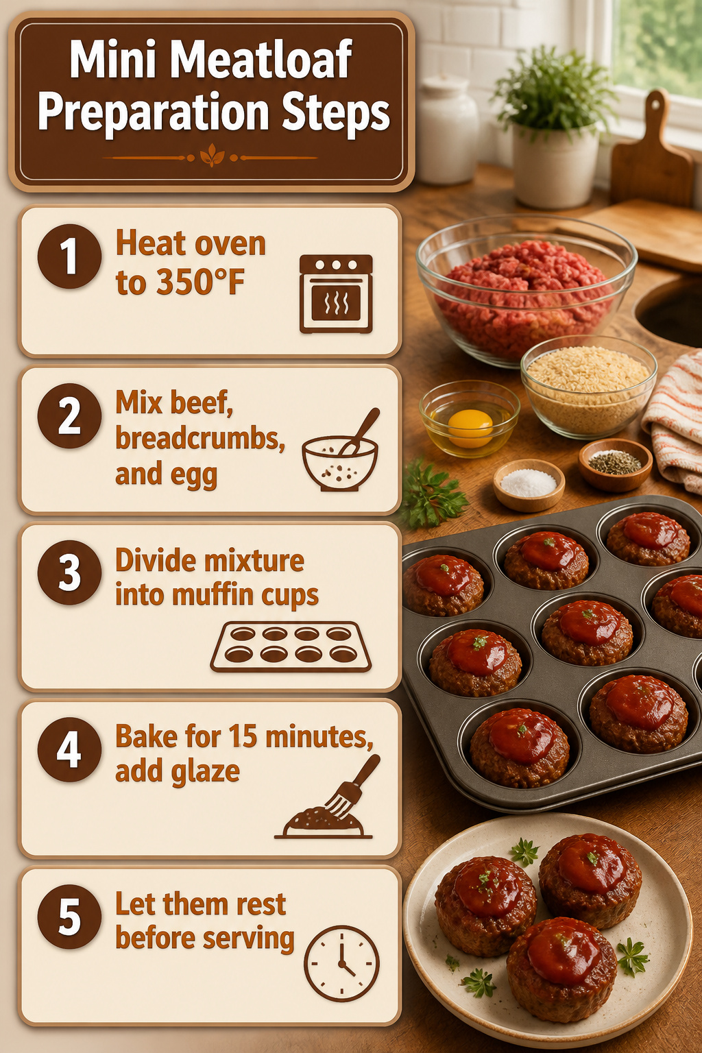 Preparation steps for mini meatloaf laid out in a clear format.