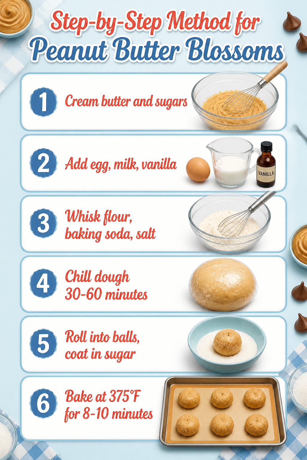 Classic Peanut Butter Blossoms 3 Step-by-step method for making peanut butter blossoms cookies.