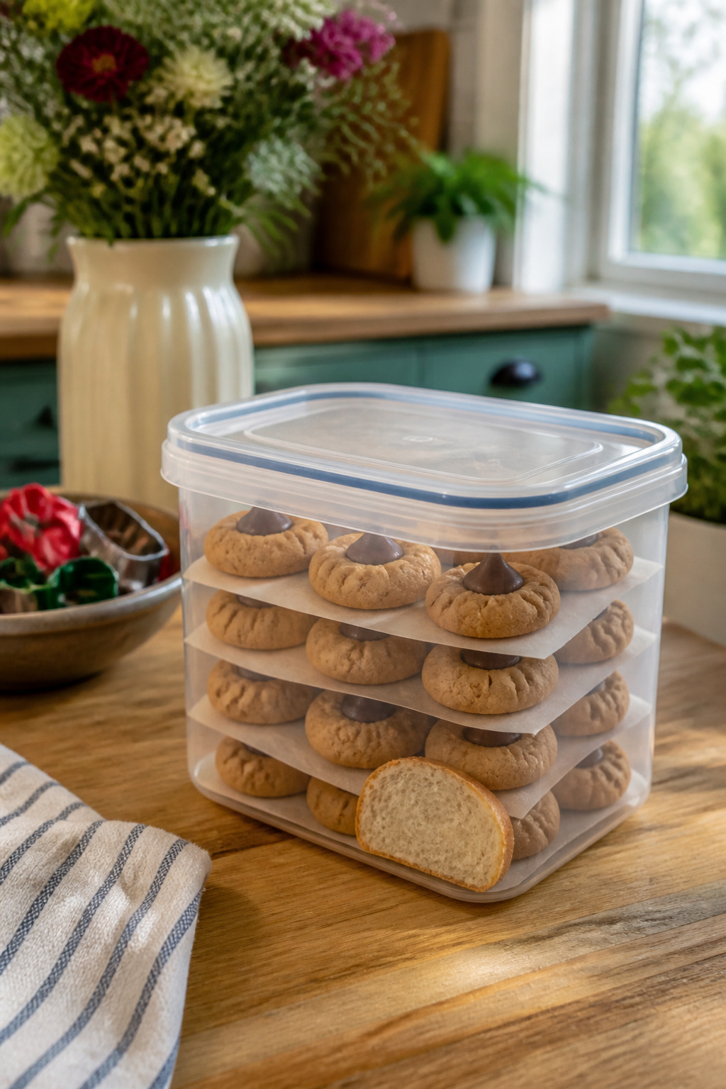 Classic Peanut Butter Blossoms 5 A stack of peanut butter blossoms cookies in an airtight container.