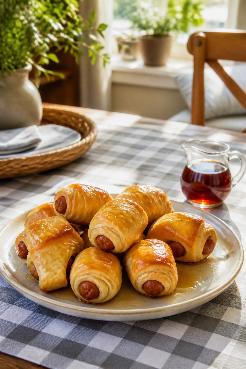 8 Pigs in a Blanket Ideas: Classic, Pizza, Breakfast & More 6 Breakfast pigs in a blanket with maple syrup on a plate.