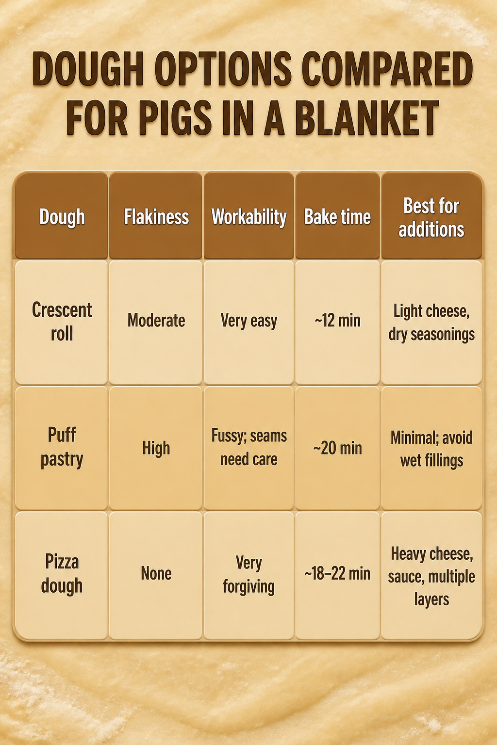 8 Pigs in a Blanket Ideas: Classic, Pizza, Breakfast & More 9 A chart detailing different dough options for pigs in a blanket.