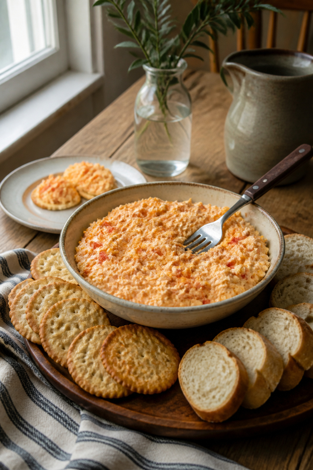 Pimento Cheese: Classic and Regional Styles 1 Bowl of classic pimento cheese with crackers on a wooden table.