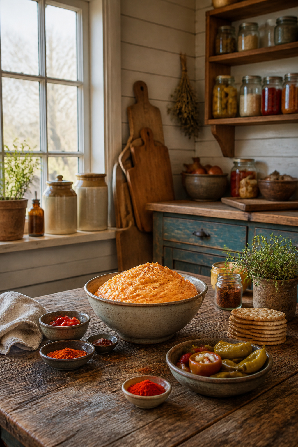 Pimento Cheese: Classic and Regional Styles 5 Bowl of smoked pimento cheese with spices on a rustic background.