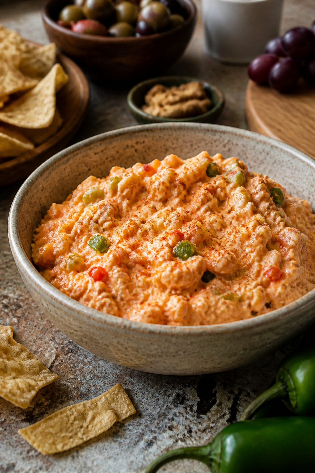 Pimento Cheese: Classic and Regional Styles 3 Bowl of spicy pimento cheese with jalapeños on a stone countertop.