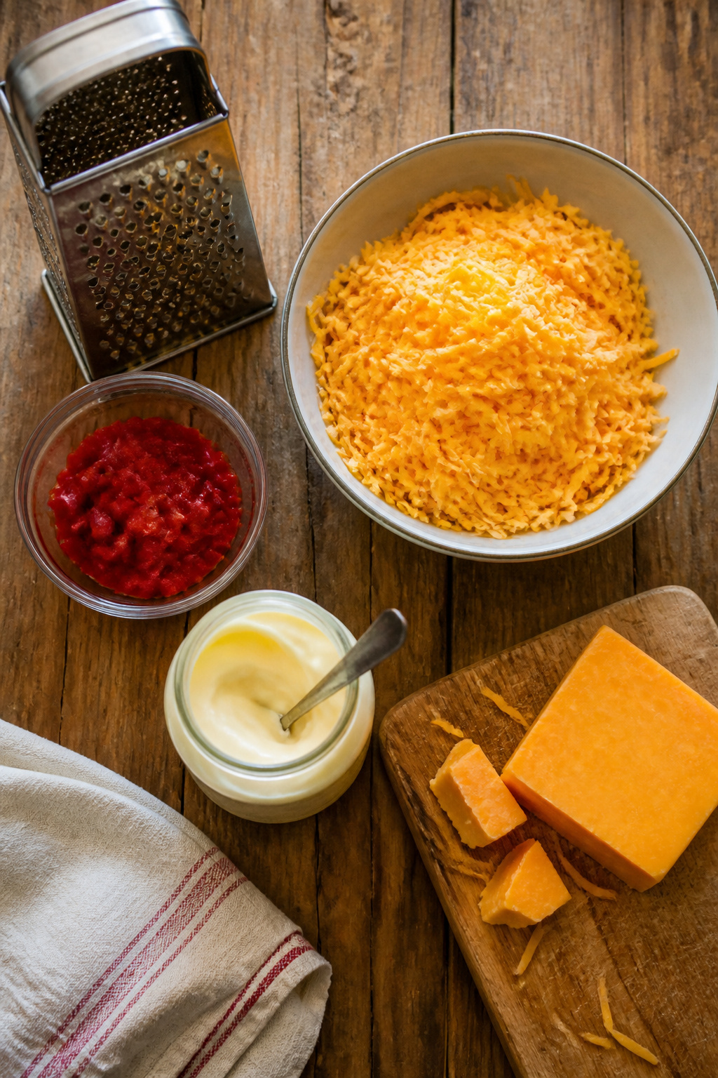 Pimento Cheese: Classic and Regional Styles 6 Ingredients for pimento cheese including cheddar, mayonnaise, and pimentos.
