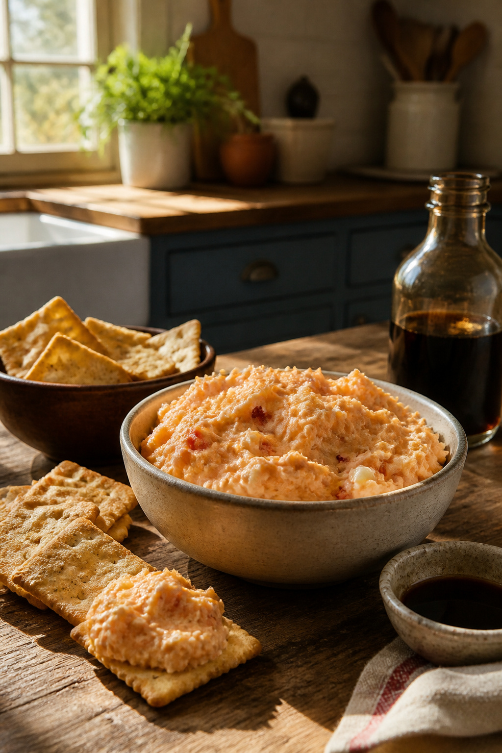 Pimento Cheese: Classic and Regional Styles 4 Bowl of pimento cheese with Worcestershire sauce on a vintage countertop.