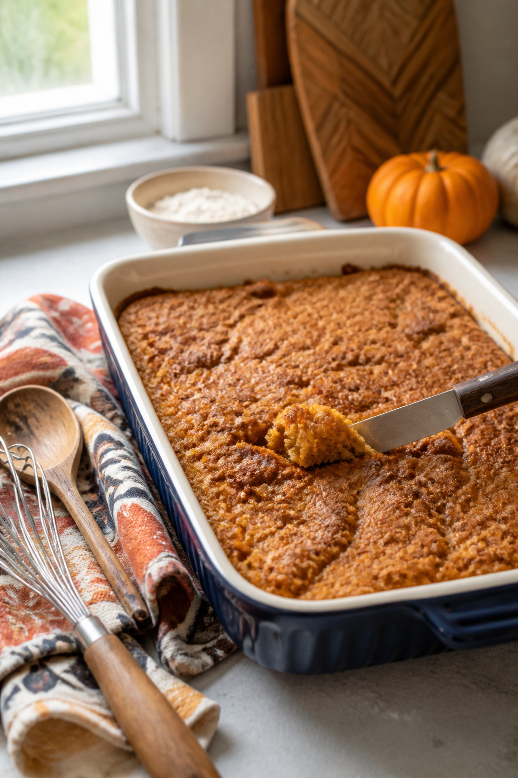 Pumpkin Dump Cake Recipe with Cake Mix 6 Freshly baked pumpkin dump cake with a golden-brown top.