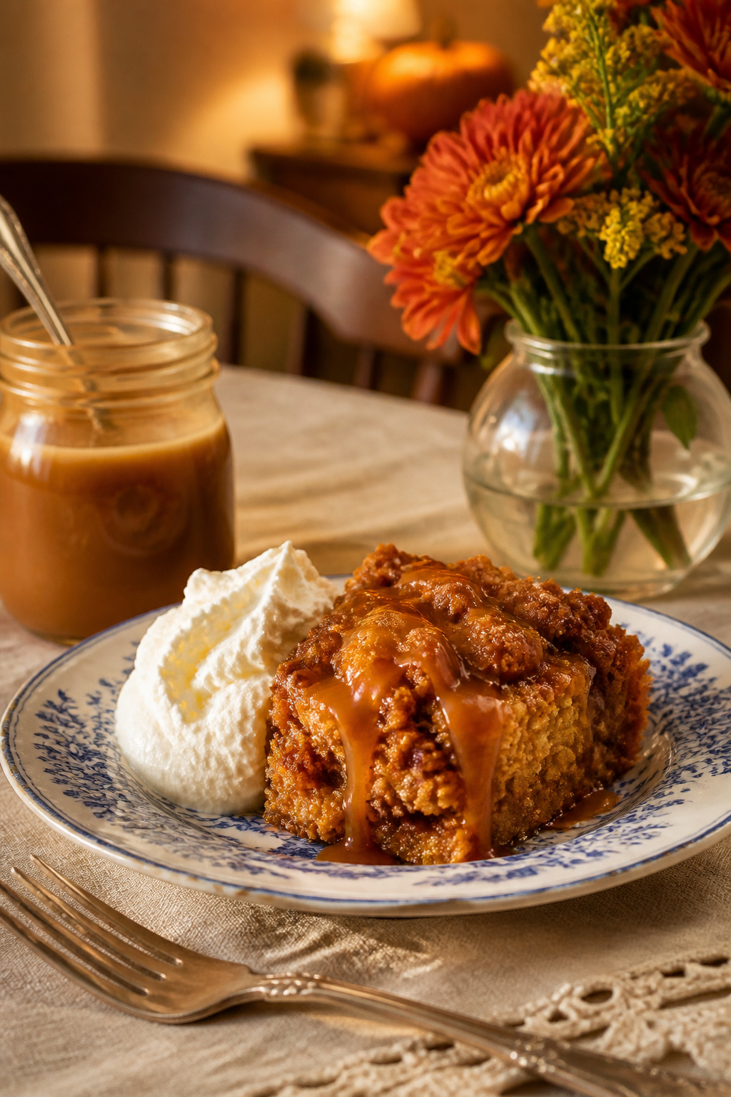 Pumpkin Dump Cake Recipe with Cake Mix 7 Slice of pumpkin dump cake on a plate with whipped cream and caramel.