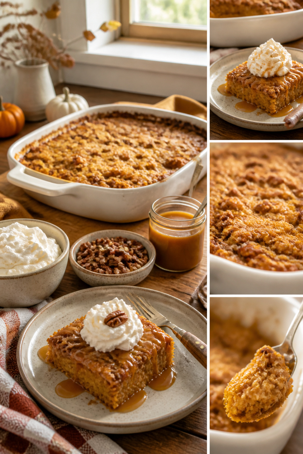 Pumpkin Dump Cake Recipe with Cake Mix 5 Different adaptations of pumpkin dump cake shown in a list format.