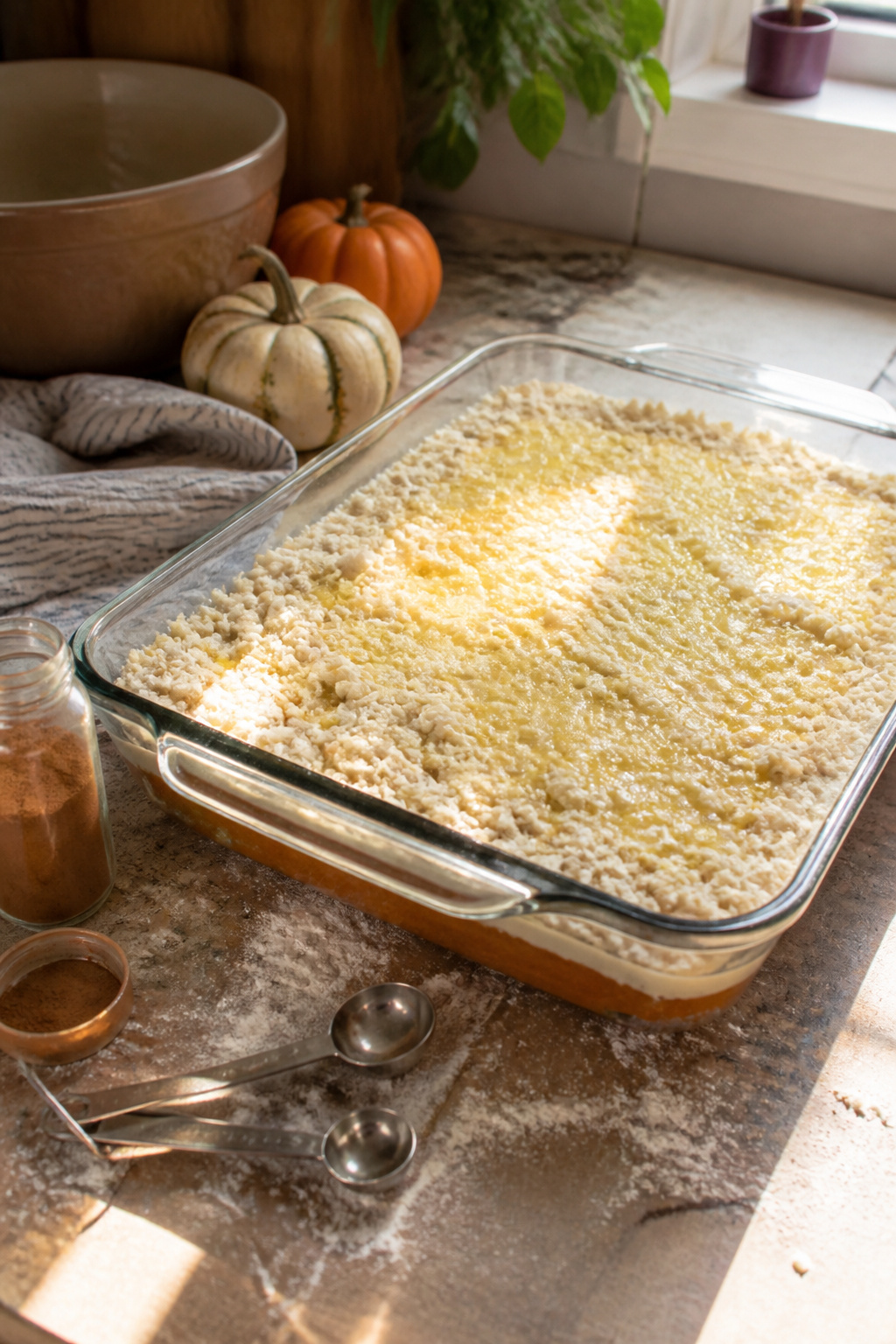 Pumpkin Dump Cake Recipe with Cake Mix 3 Freshly assembled pumpkin dump cake layers before baking.