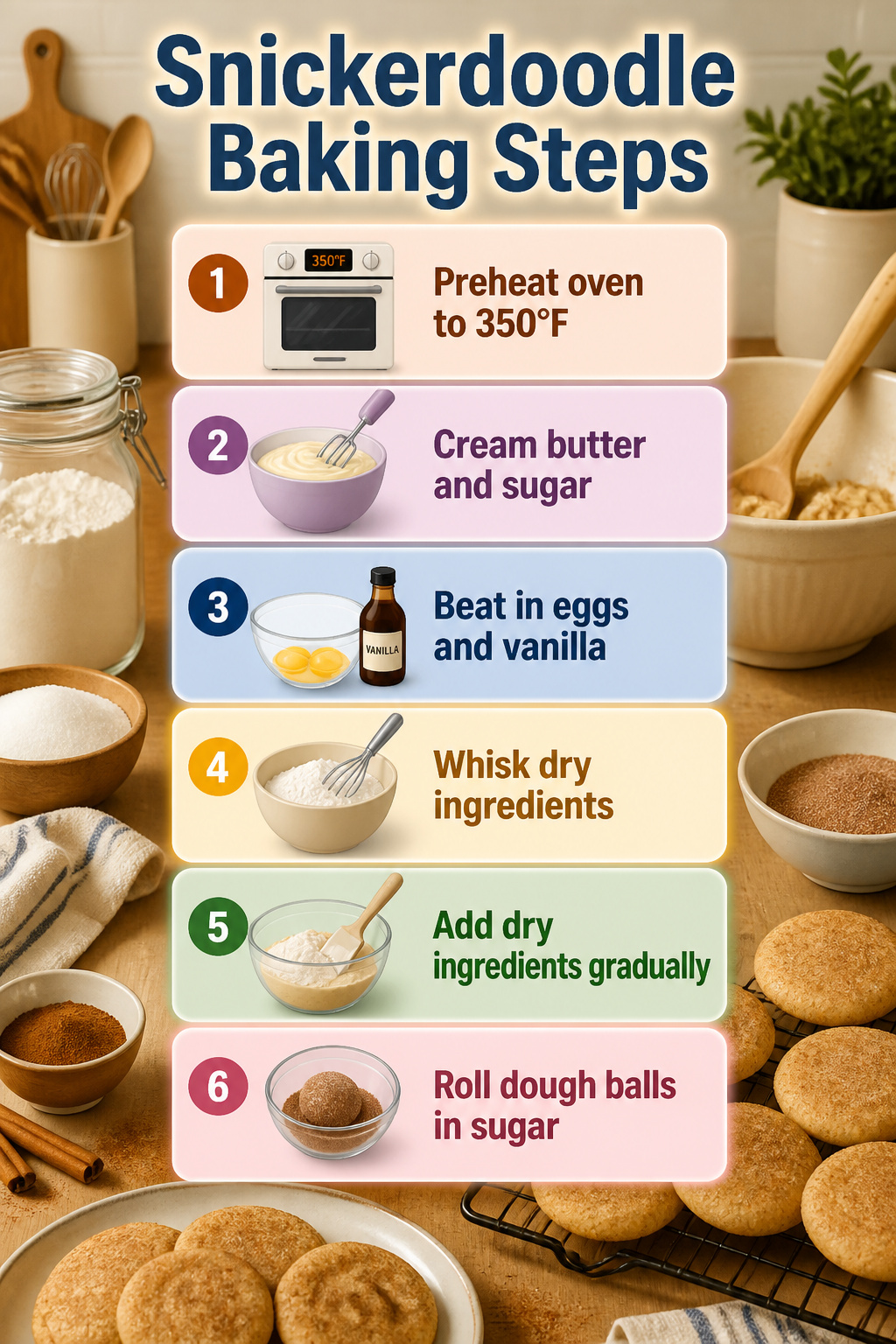 Classic Snickerdoodle Recipe: Soft, Chewy, and Simple 3 A visual guide showing the steps to make snickerdoodles.
