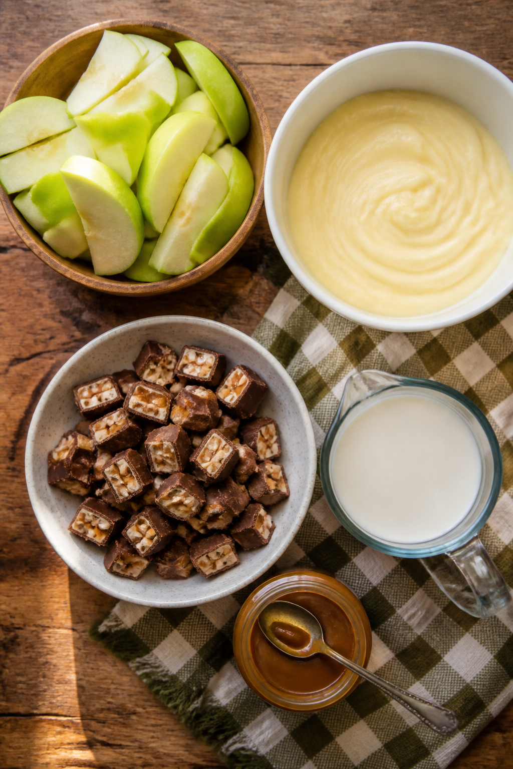Snickers Salad Recipe with Apples, Pudding & Cool Whip 1 Ingredients for snickers salad arranged on a table.