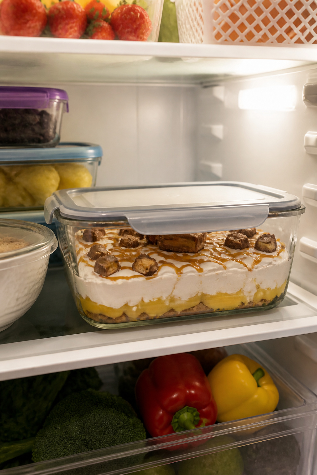Snickers Salad Recipe with Apples, Pudding & Cool Whip 5 A sealed container of snickers salad on a refrigerator shelf.