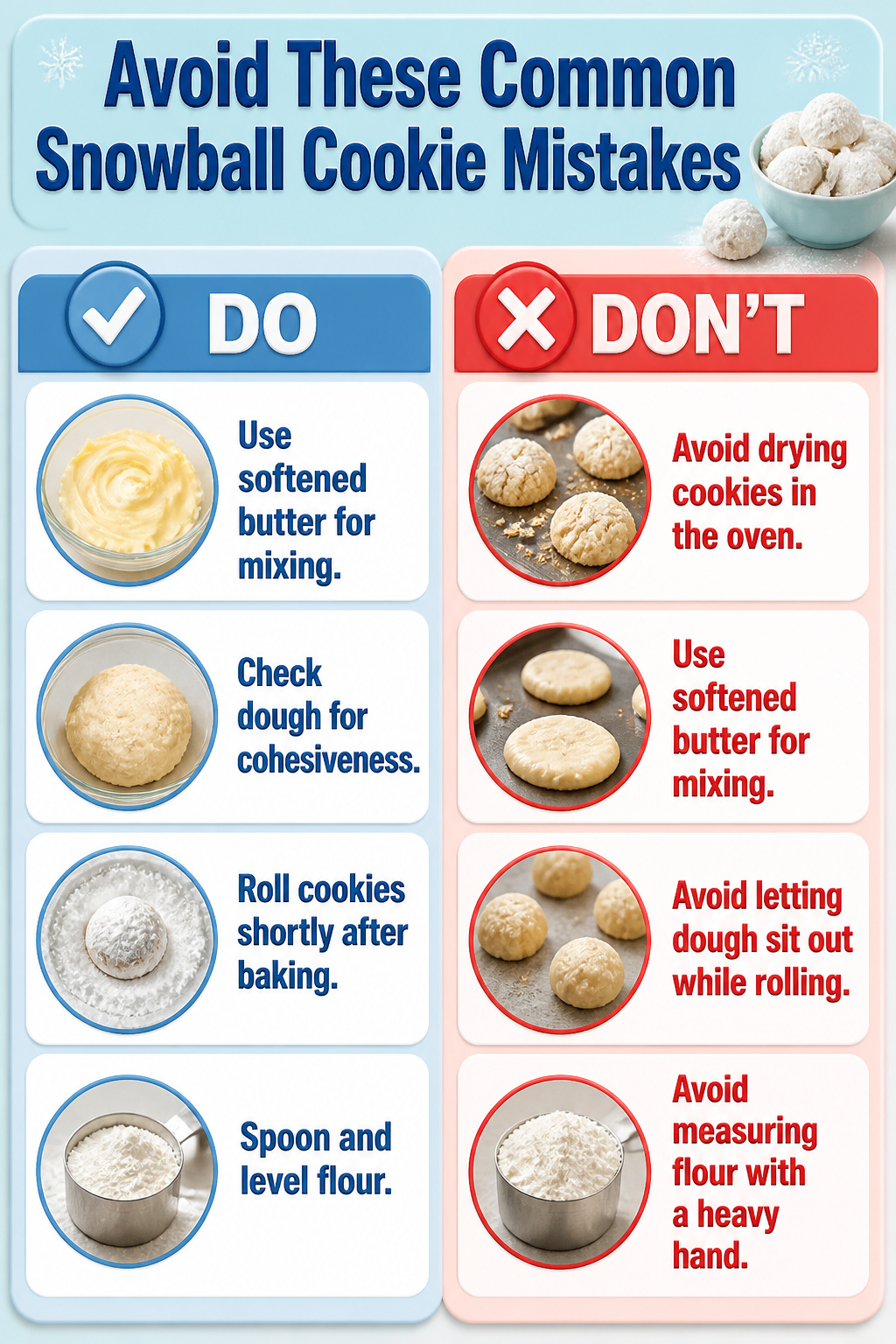 A list of common snowball cookie mistakes displayed on a countertop.