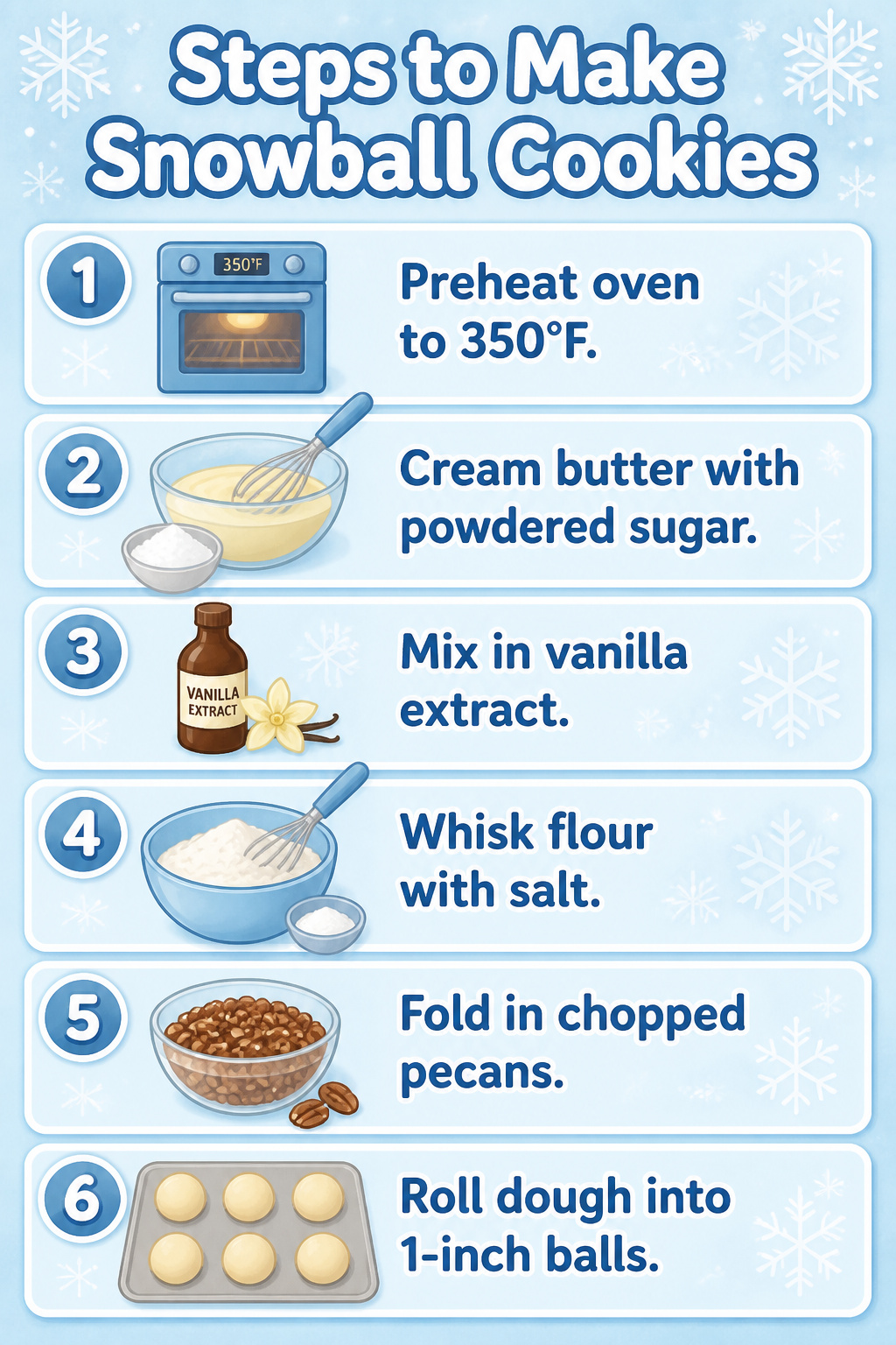 A list of steps to make snowball cookies on a countertop.