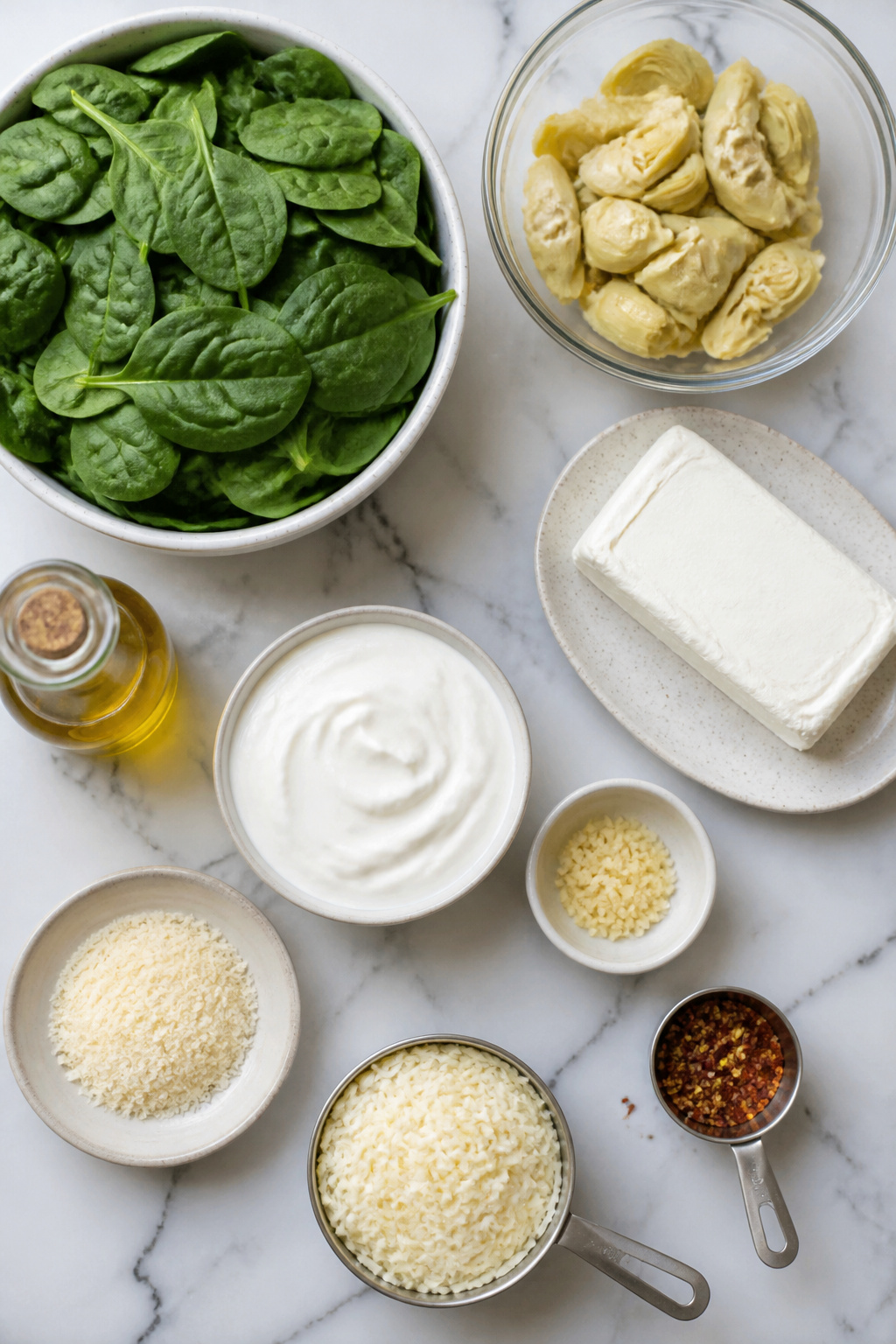 Baked Spinach Artichoke Dip Recipe 2 14-ounce can of artichoke hearts and frozen chopped spinach on a kitchen counter.