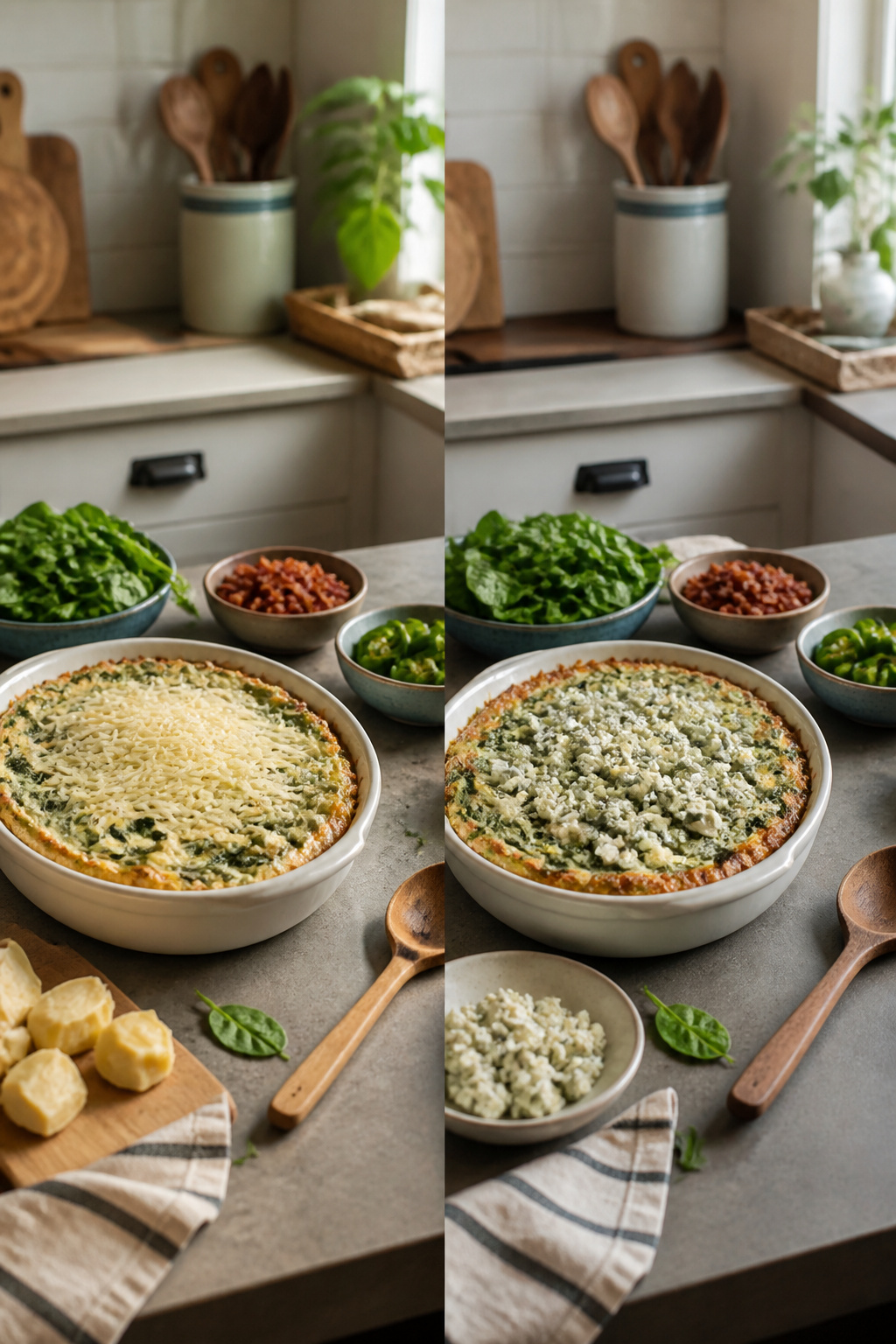Baked Spinach Artichoke Dip Recipe 6 Ingredients for spinach artichoke dip, including cheese and jalapeños on a counter.