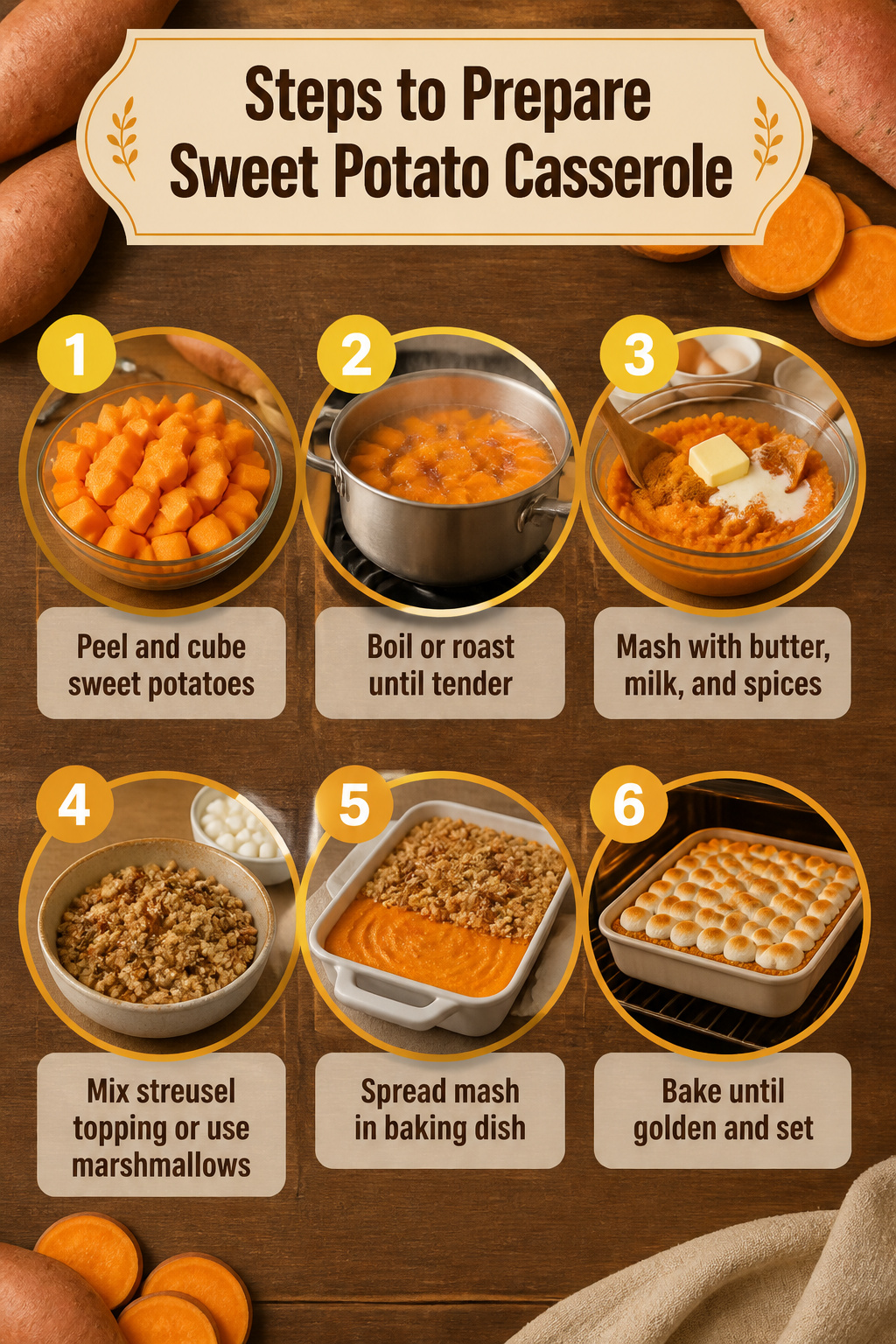 Sweet Potato Casserole: Topping Methods and Make-Ahead Tips 2 Instructions for preparing sweet potato casserole with steps outlined.