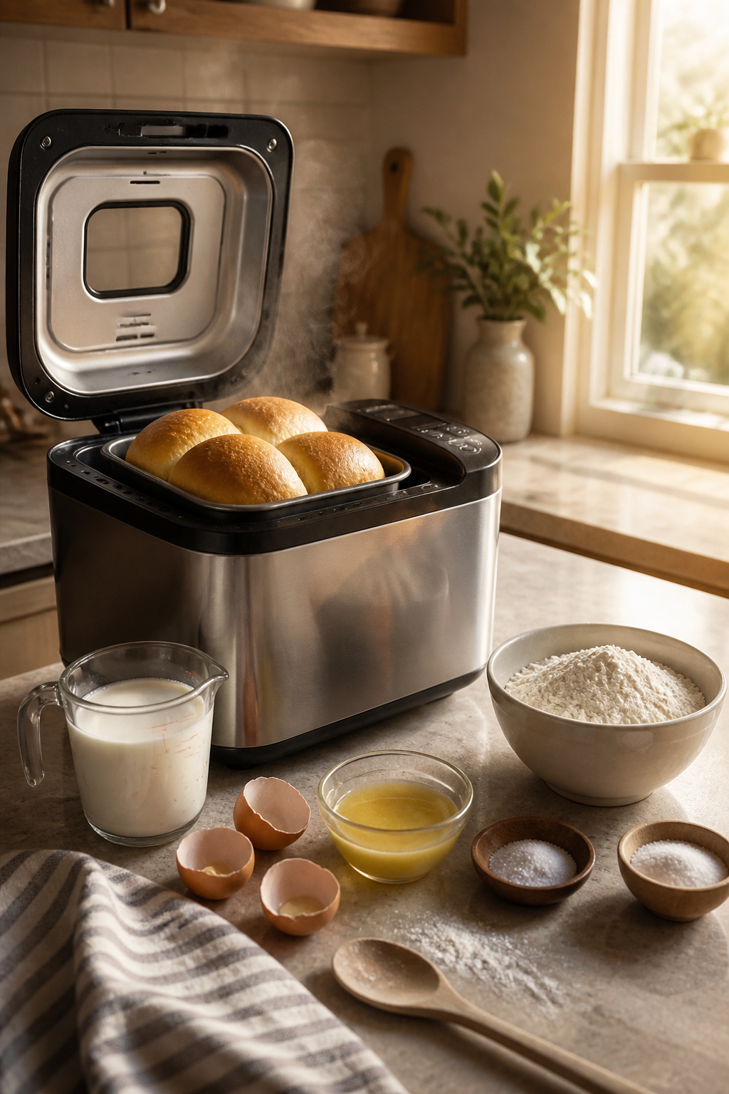 Texas Roadhouse Rolls Recipe (Copycat) 8 A bread machine with ingredients prepared for making rolls.