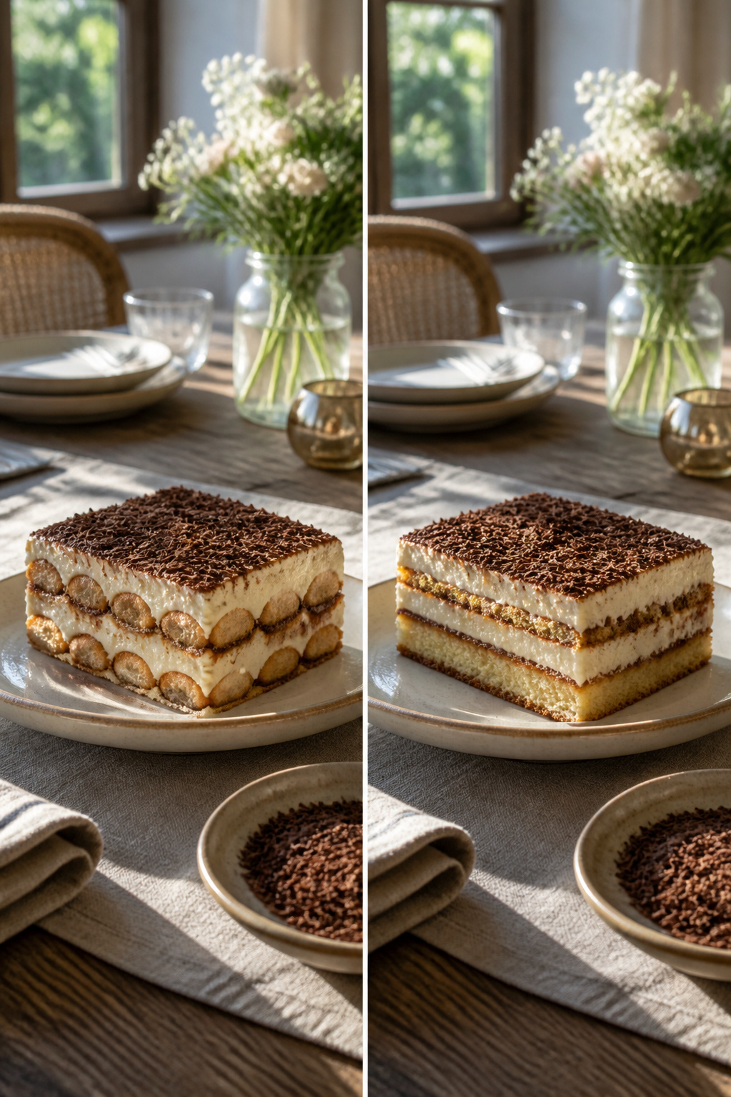 A slice of tiramisu made with cream cheese instead of mascarpone.