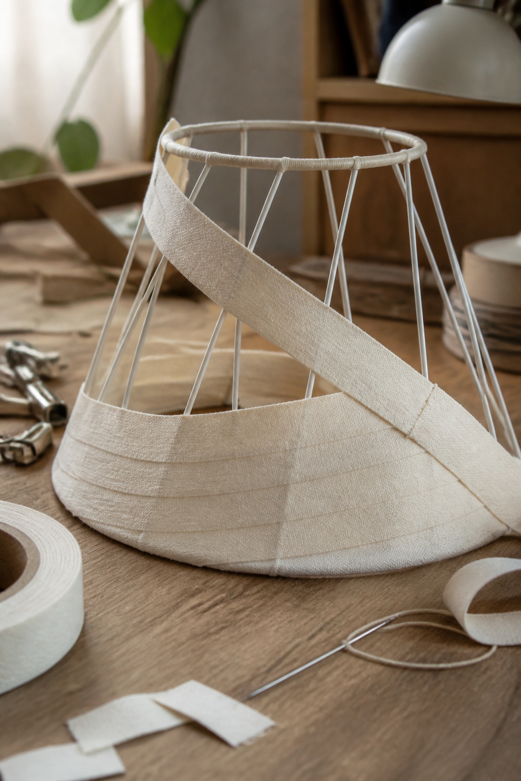 Detail of cotton tape wrapped around a wire lamp shade frame.