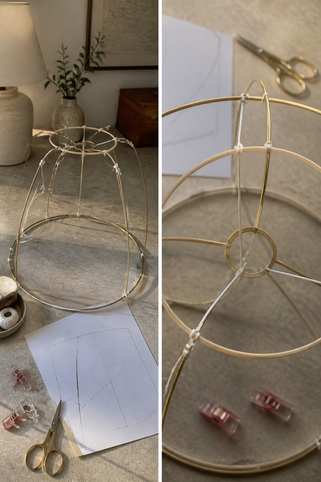 A partially bound lamp shade frame ready for template tracing.