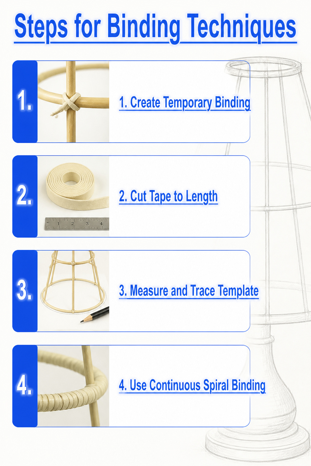 Steps illustrating binding techniques for lamp shade frames.