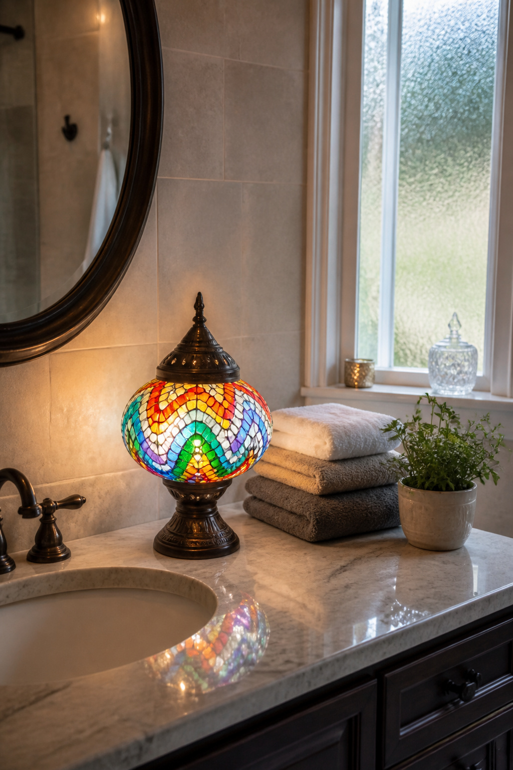 A Turkish mosaic lamp with flowing lines on a bathroom countertop.