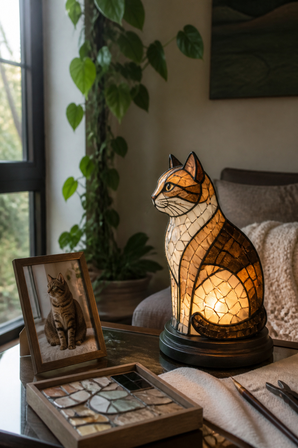 A Turkish mosaic lamp designed as a pet silhouette on a side table.
