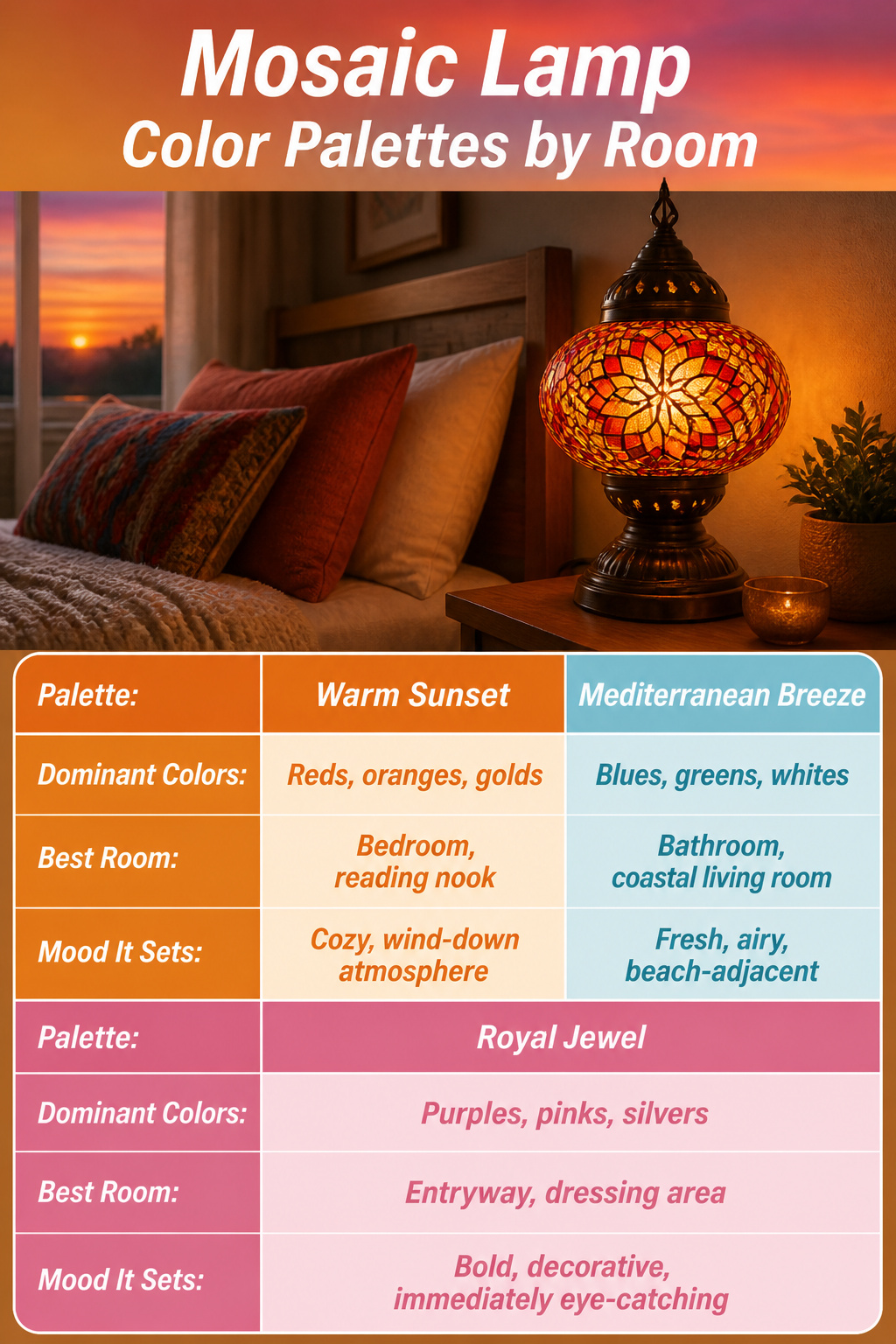 A chart showing color palettes for mosaic lamps by room.