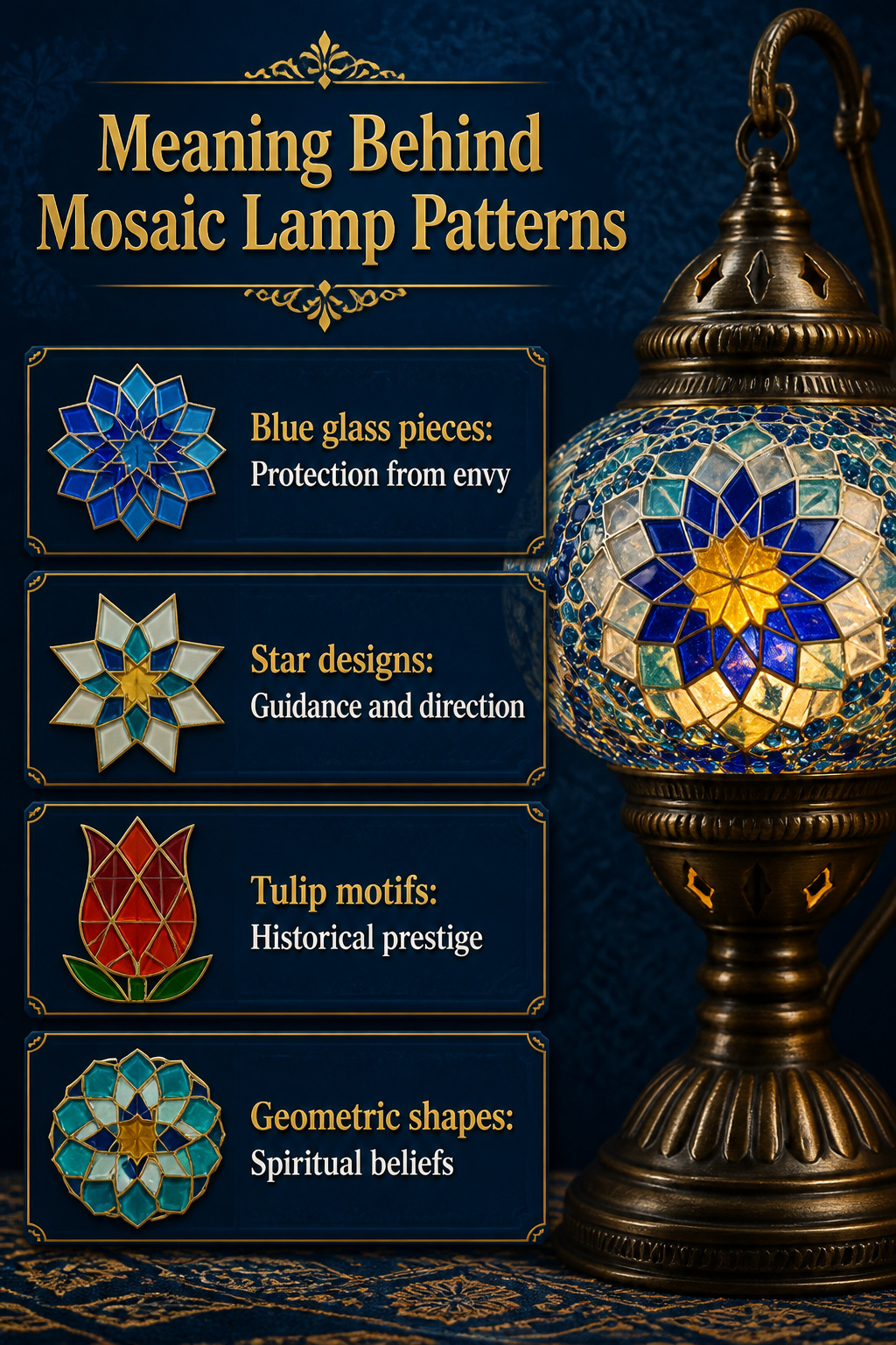 Information about the significance of patterns in Turkish mosaic lamps.