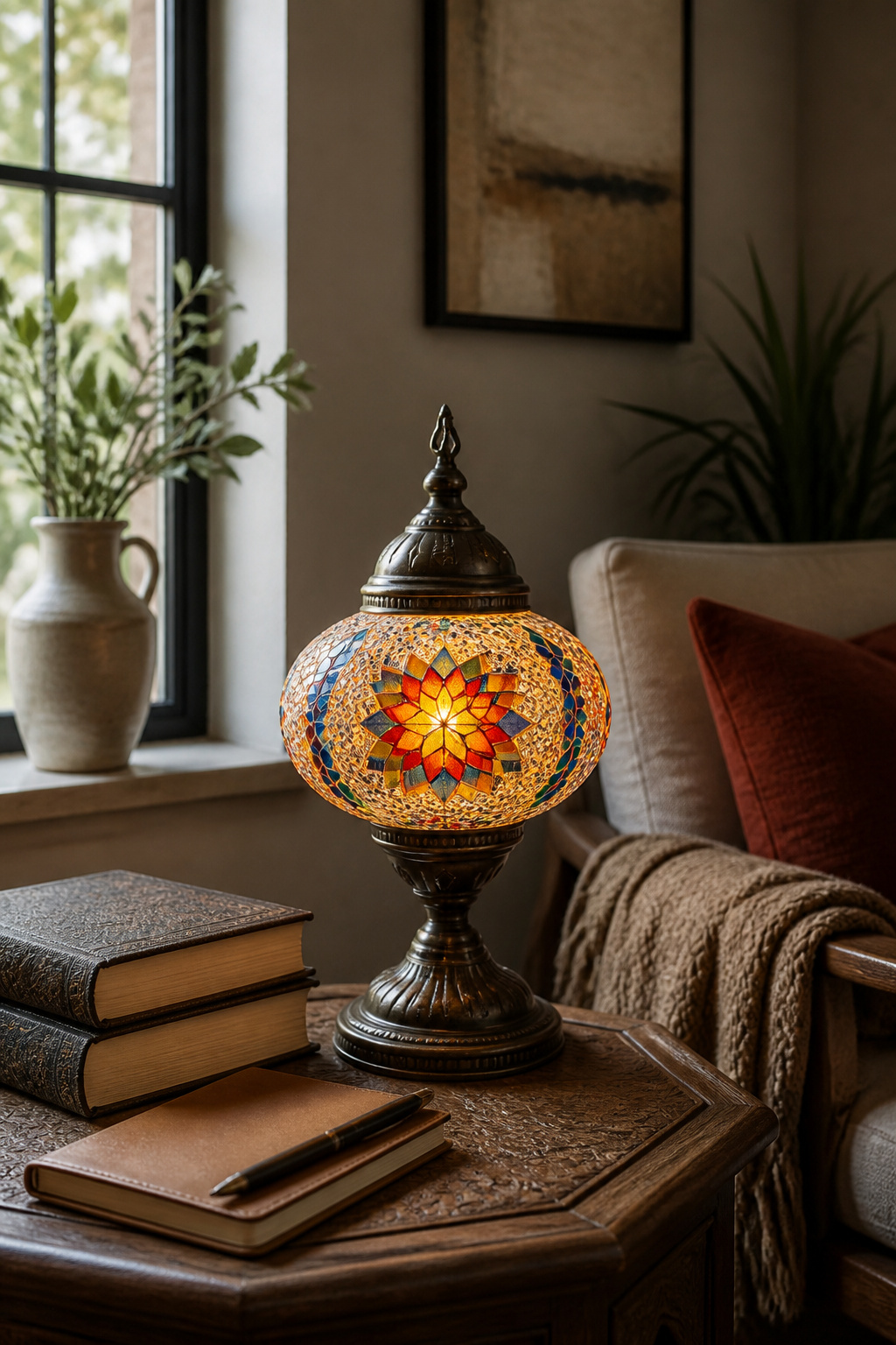 A Turkish mosaic lamp on a textured table showcasing its craftsmanship.