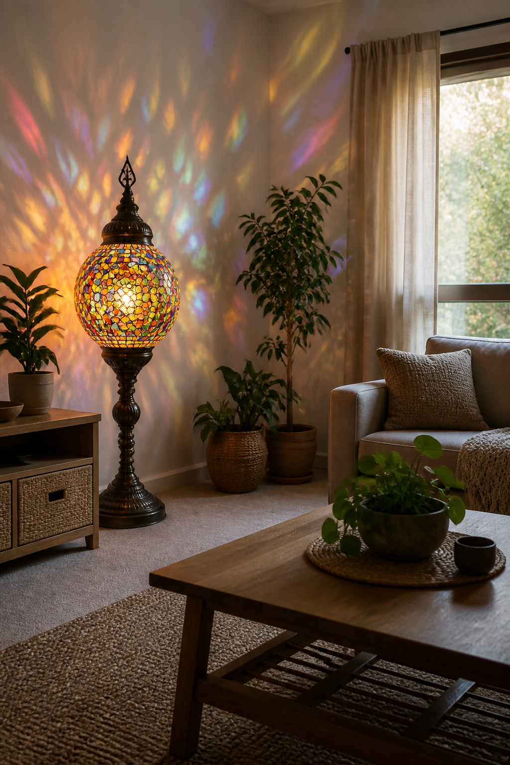 A Turkish mosaic lamp with multiple colors in a living room setting.