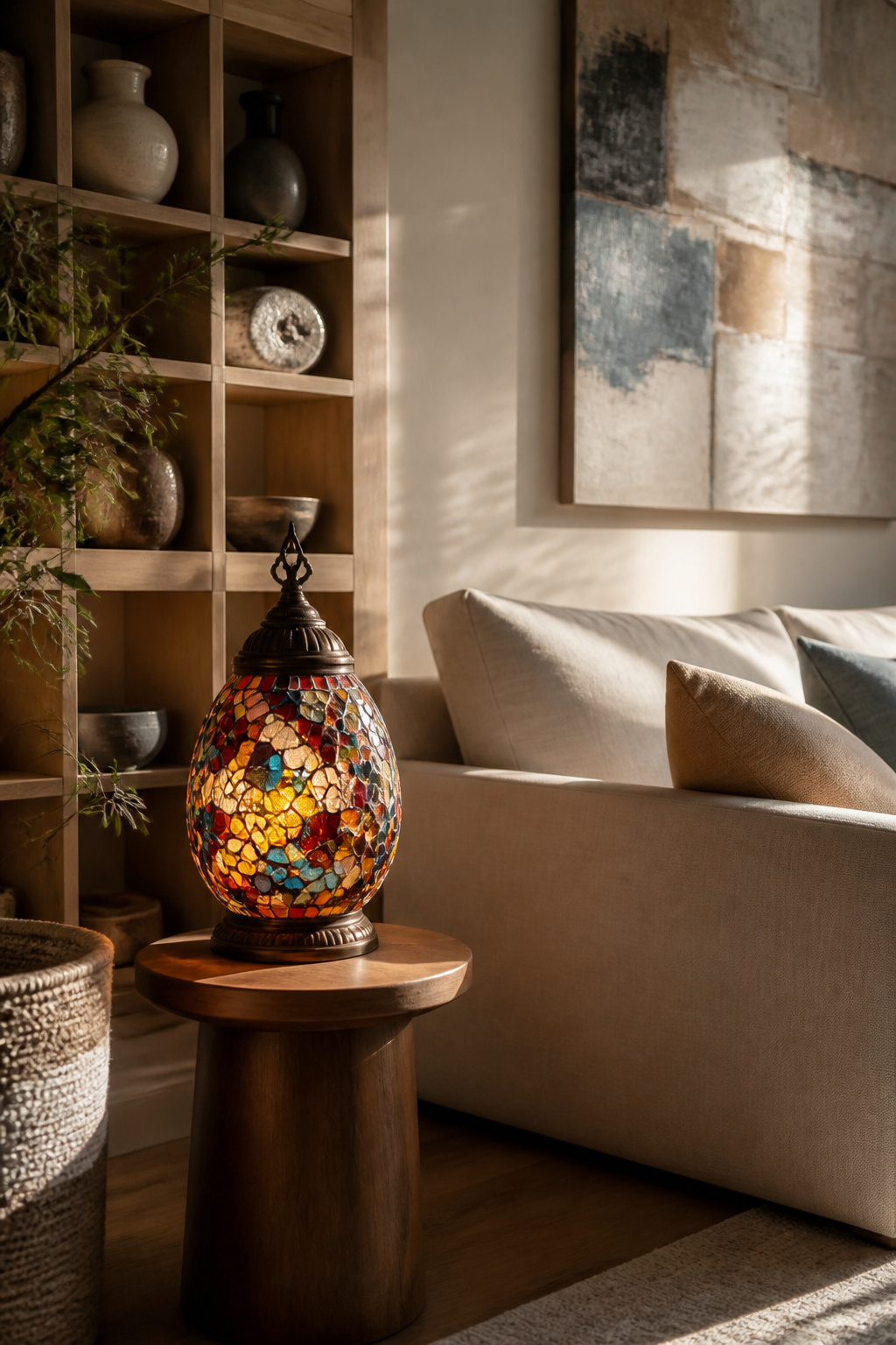 A Turkish mosaic lamp with abstract design elements in a neutral-toned room.