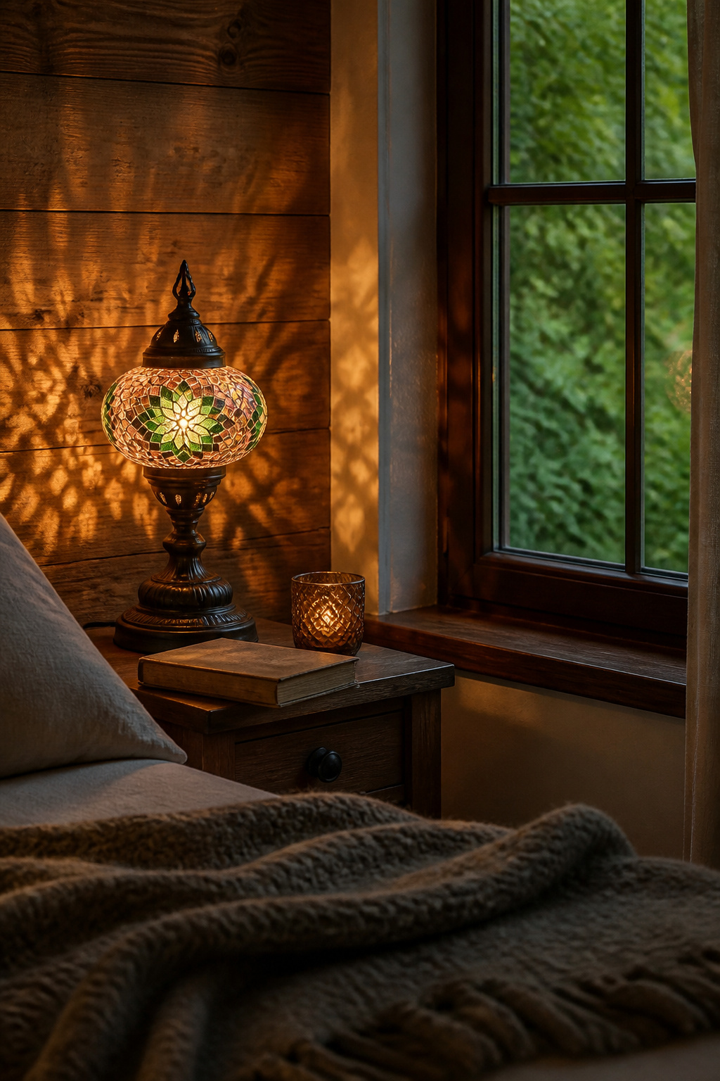 A Turkish mosaic lamp with green and rose tiles on a nightstand.
