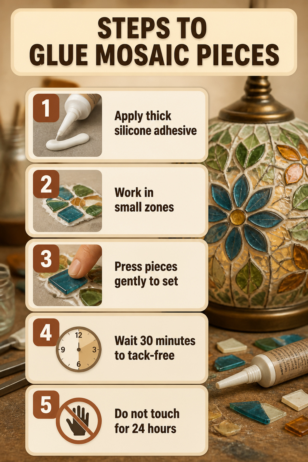 Steps showing how to glue mosaic pieces onto the glass globe.
