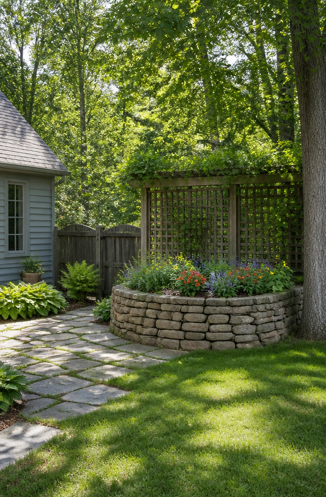 Stone raised bed showcasing durable construction in a garden.