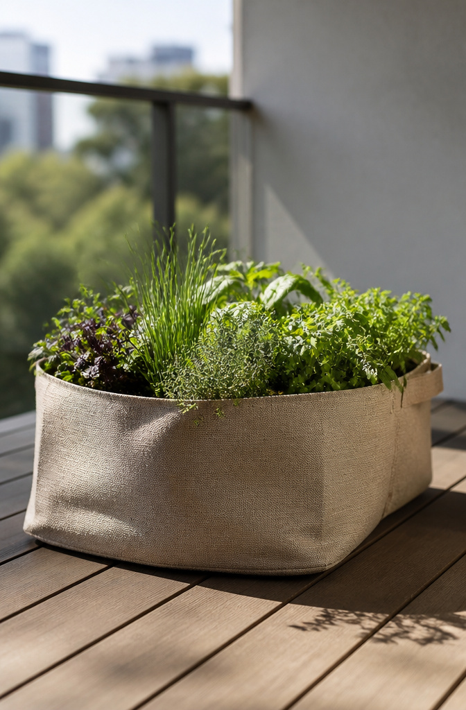 Fabric raised bed positioned for sun exposure on a balcony.