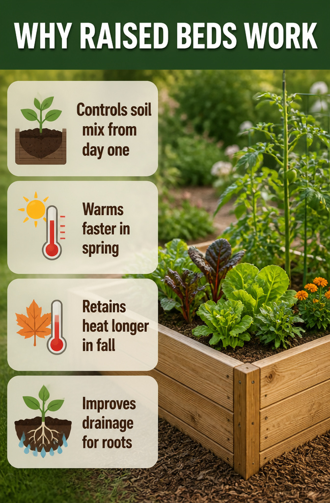 Illustration explaining the benefits of raised garden beds.