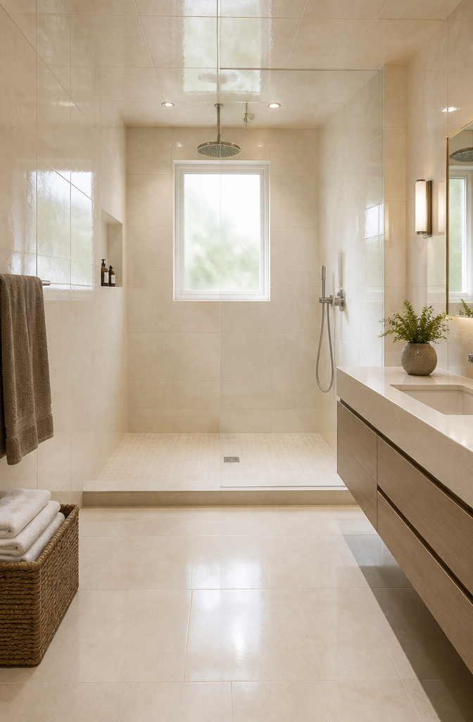 A fully tiled bathroom with ivory porcelain tiles on walls and ceiling.